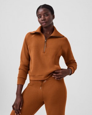 Spanx AirEssentials Half Zip Tops Brown | 60915-FOXZ