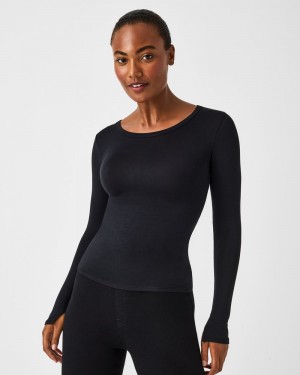 Spanx Better Base Long Sleeve Crew Tops Black | 02156-MCZR