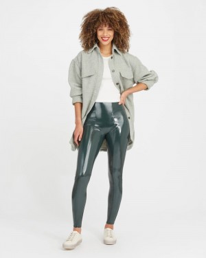 Spanx Faux Patent Leather Leggings Deep Green | 06157-IXVE