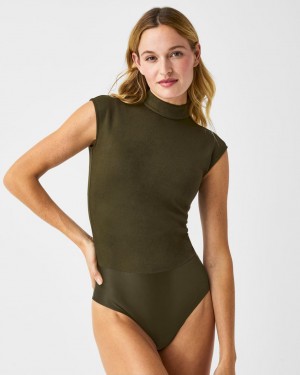 Spanx Faux Suede Mock Neck Bodysuits Green | 45271-ZTSK