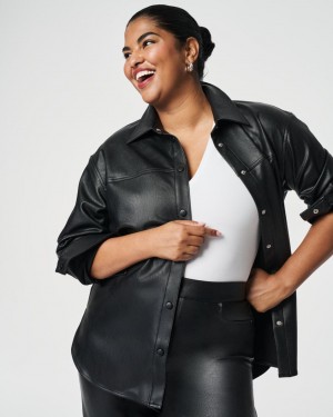 Spanx Leather-Like Oversized Shacket Tops Black | 38402-OVZI