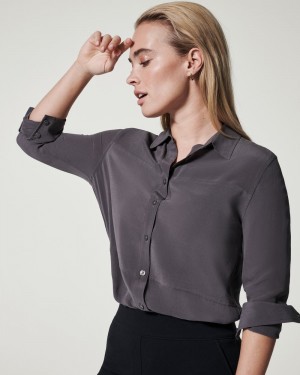 Spanx Low Maintenance Silk Button Down Tops Deep Grey | 58472-QGRA