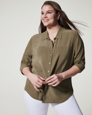 Spanx Low Maintenance Silk Button Down Tops Olive | 58973-CKHJ