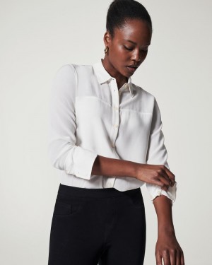 Spanx Low Maintenance Silk Button Down Tops White | 46152-RDHQ