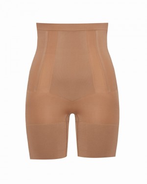 Spanx OnCore High-Waisted Mid-Thigh Shorts Cafe Au Lait | 29715-MDSZ