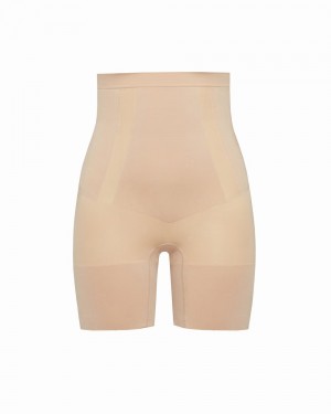 Spanx OnCore High-Waisted Mid-Thigh Shorts Beige | 20439-TUJZ