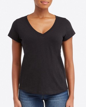 Spanx Pima Cotton V-Neck T-Shirts Black | 23804-EDWP