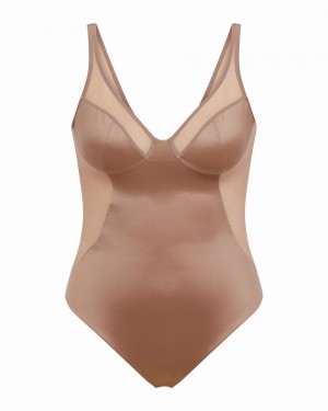 Spanx Shaping Satin Mesh Thong Bodysuits Cafe Au Lait | 06475-AHLT