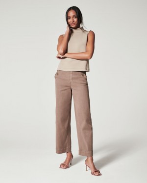 Spanx Stretch Twill Cropped Wide Leg Pants Khaki | 73486-PQZF