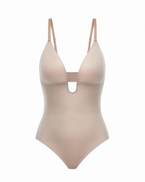 Spanx Suit Your Fancy Plunge Low-Back Thong Bodysuits Beige | 36485-XQMO