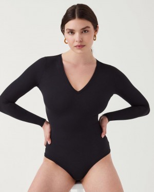 Spanx Suit Yourself Long Sleeve Thong Bodysuits Black | 56084-OLVU