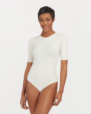 Spanx Suit Yourself Ribbed Crew Neck Short Sleeve Bodysuits White | 47853-JLRU