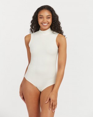 Spanx Suit Yourself Ribbed Mock Neck Sleeveless Bodysuits White | 62018-XRKH