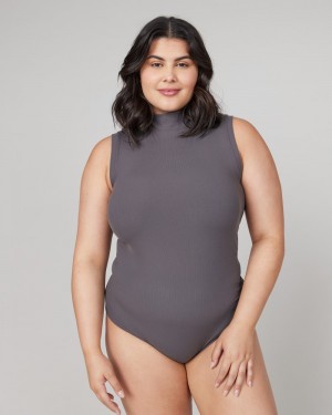 Spanx Suit Yourself Ribbed Mock Neck Sleeveless Bodysuits Deep Grey | 29701-BWOA