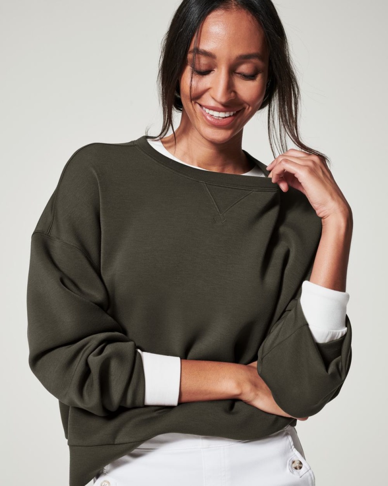 Spanx AirEssentials Crew Tops Olive | 35648-EYHT