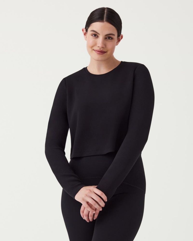 Spanx AirEssentials Cropped Long Sleeve Tops Black | 28609-AZKC