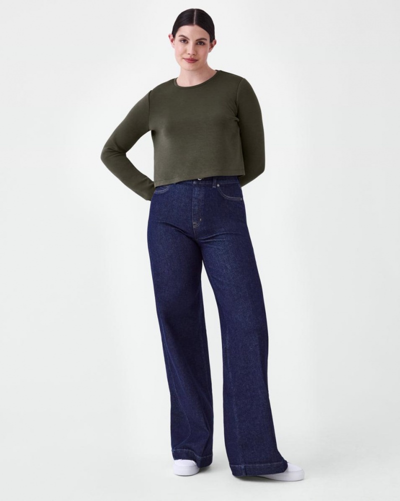 Spanx AirEssentials Cropped Long Sleeve Tops Olive | 07258-GQHP