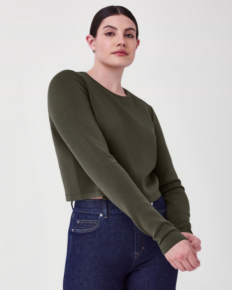 Spanx AirEssentials Cropped Long Sleeve Tops Olive | 07258-GQHP