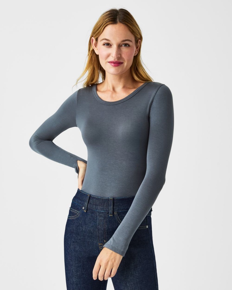 Spanx Better Base Long Sleeve Crew Tops Grey | 50712-QPZO