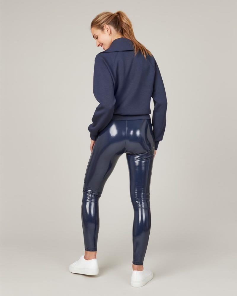 Spanx Faux Patent Leather Leggings Navy | 50981-HGXQ