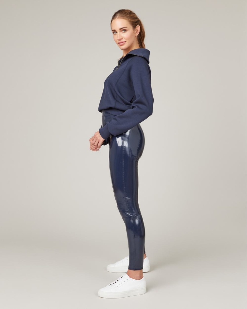 Spanx Faux Patent Leather Leggings Navy | 50981-HGXQ