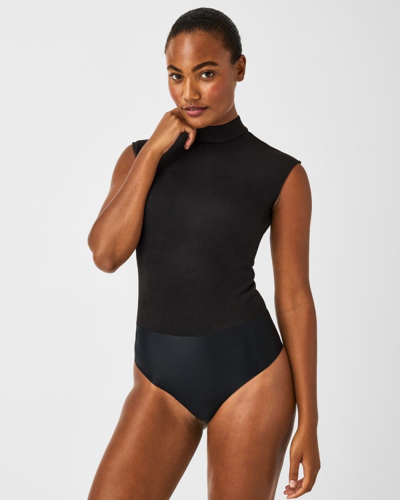 Spanx Faux Suede Mock Neck Bodysuits Black | 41298-HAQZ