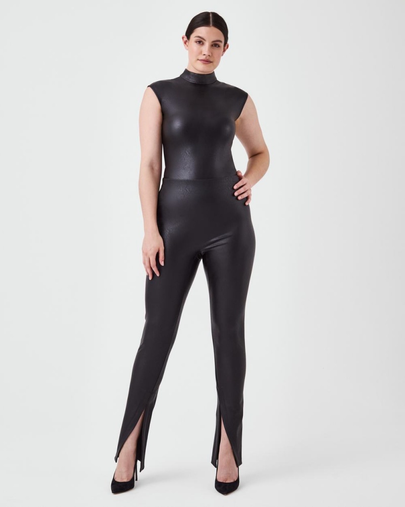 Spanx Leather-Like Mock Neck Bodysuits Black | 74305-EPCW