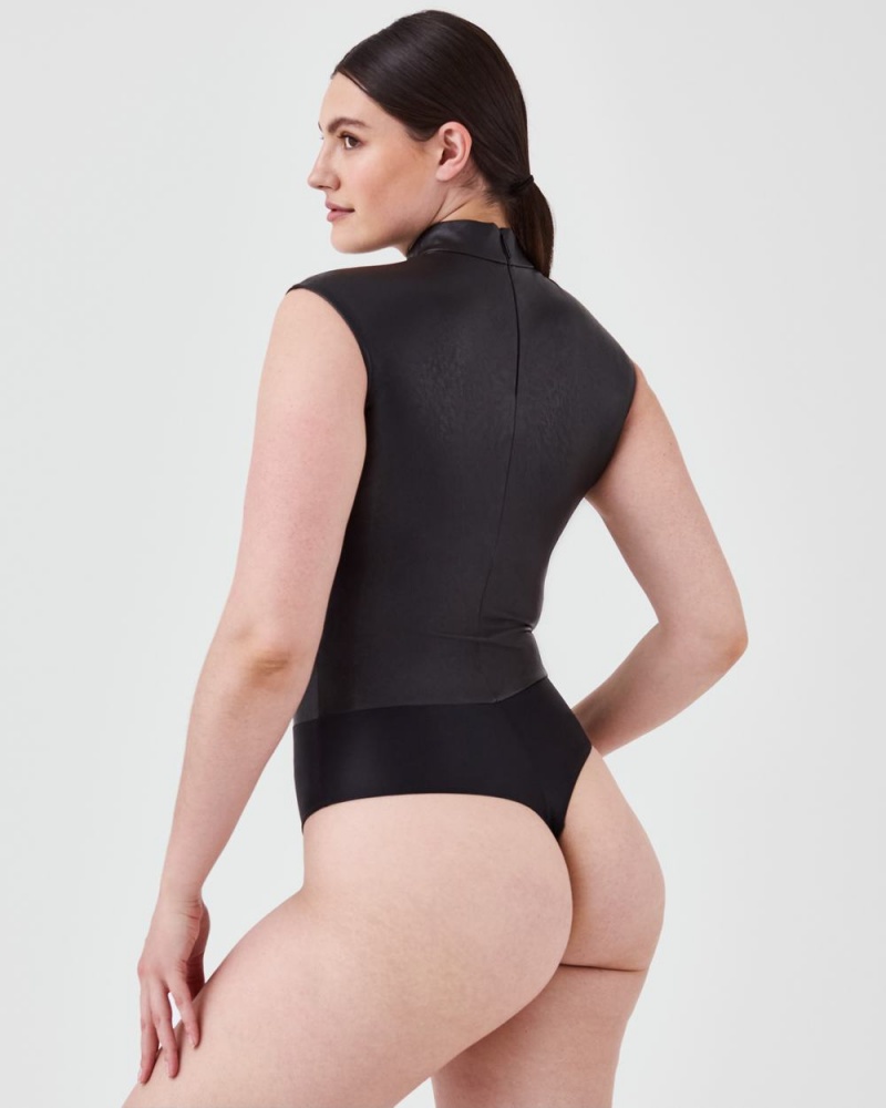 Spanx Leather-Like Mock Neck Bodysuits Black | 74305-EPCW