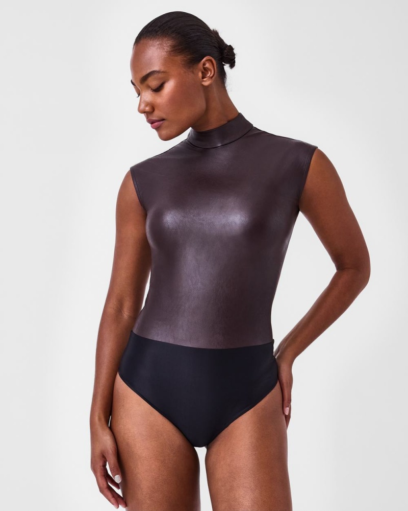 Spanx Leather-Like Mock Neck Bodysuits Pink Chocolate | 19547-FPZQ