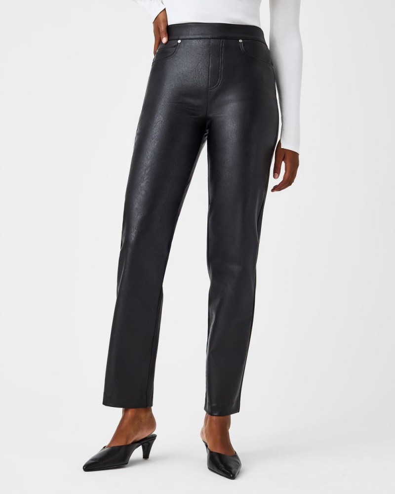 Spanx Leather-Like Slim Straight Pants Black | 67843-KMHD