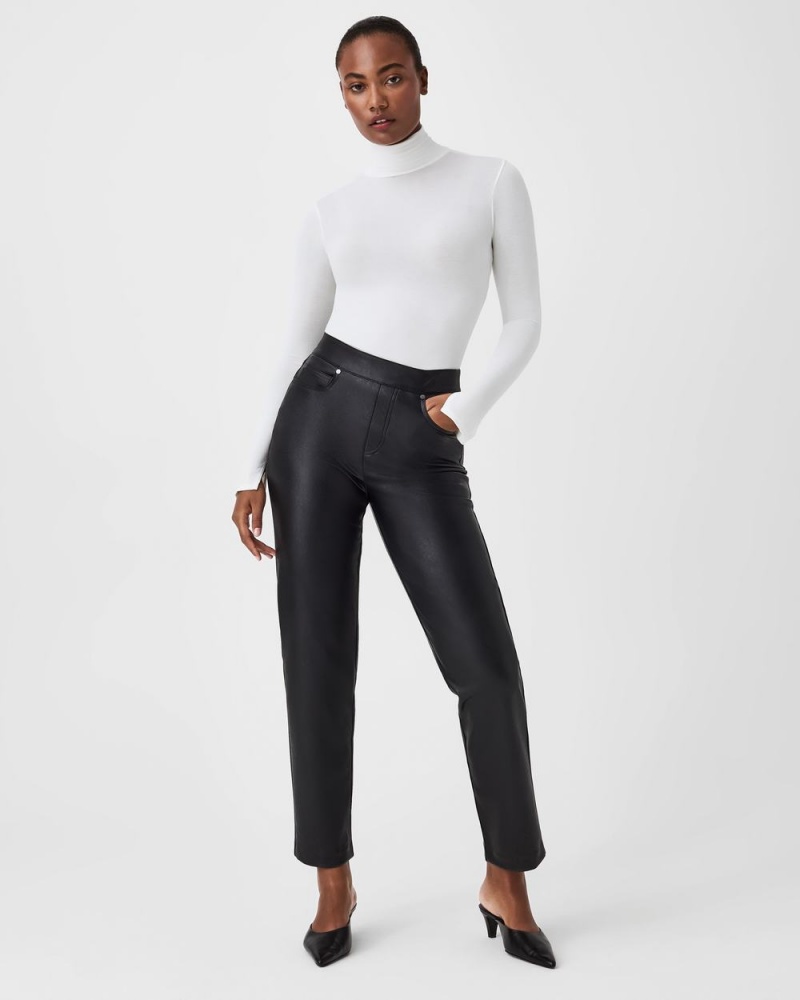 Spanx Leather-Like Slim Straight Pants Black | 67843-KMHD