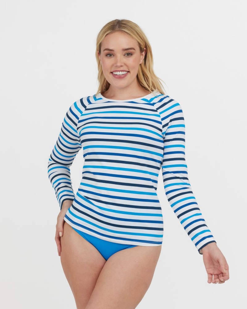 Spanx Long Sleeve Swim Shirt Swimwear Stripes Blue | 21698-TZAH