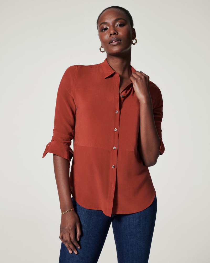 Spanx Low Maintenance Silk Button Down Tops Orange | 24805-YTQS