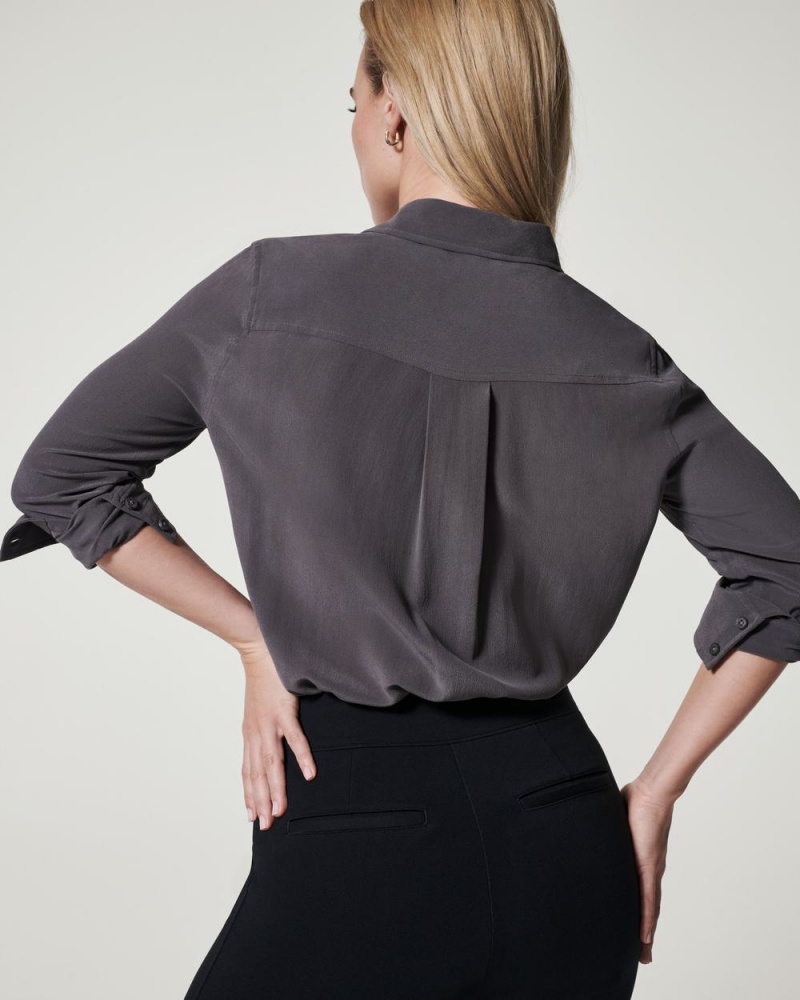 Spanx Low Maintenance Silk Button Down Tops Deep Grey | 58472-QGRA