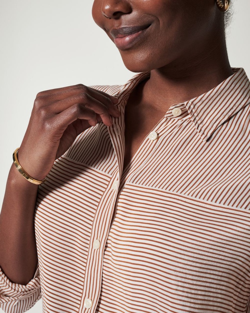 Spanx Low Maintenance Silk Button Down Tops Stripes | 54830-WPLD