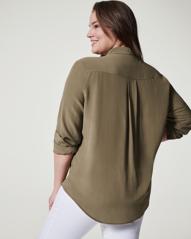 Spanx Low Maintenance Silk Button Down Tops Olive | 58973-CKHJ