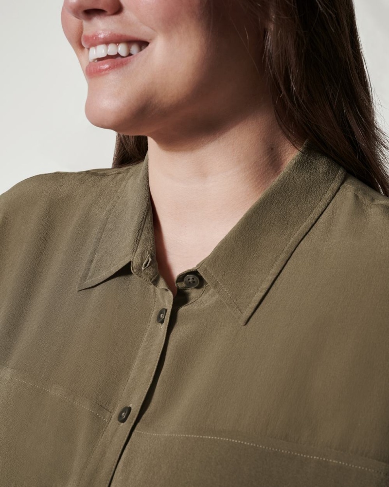 Spanx Low Maintenance Silk Button Down Tops Olive | 58973-CKHJ