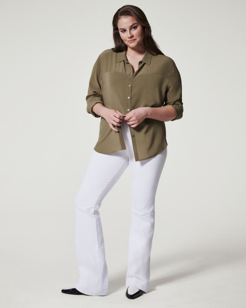 Spanx Low Maintenance Silk Button Down Tops Olive | 58973-CKHJ