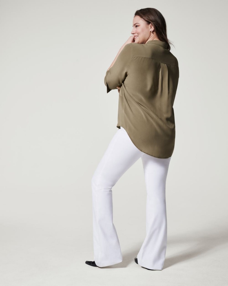 Spanx Low Maintenance Silk Button Down Tops Olive | 58973-CKHJ