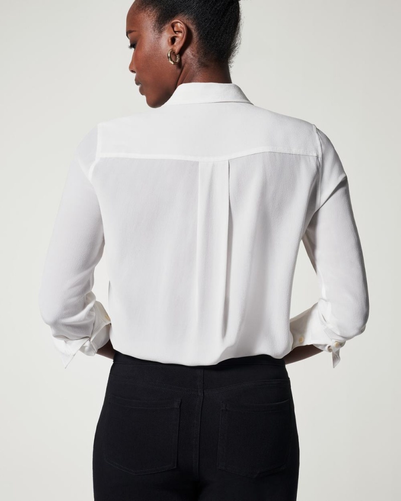 Spanx Low Maintenance Silk Button Down Tops White | 46152-RDHQ