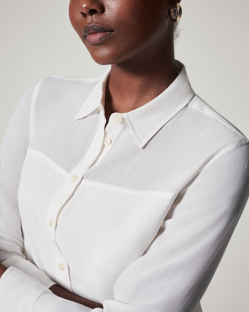 Spanx Low Maintenance Silk Button Down Tops White | 46152-RDHQ