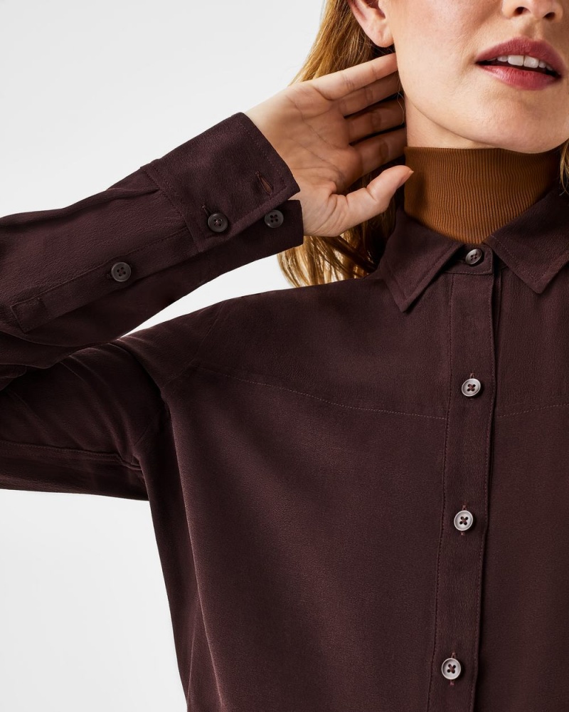 Spanx Low Maintenance Silk Button Down Tops Pink Chocolate | 91406-OWIQ