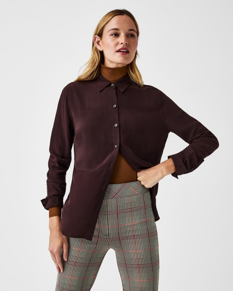 Spanx Low Maintenance Silk Button Down Tops Pink Chocolate | 91406-OWIQ