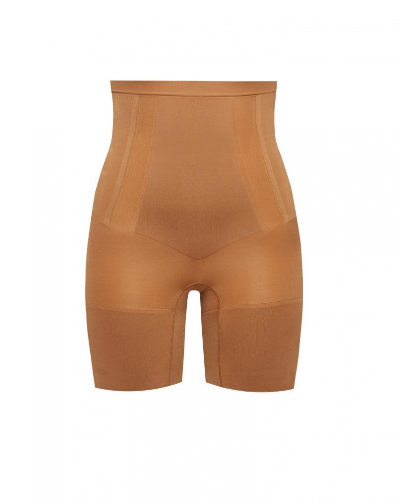 Spanx OnCore High-Waisted Mid-Thigh Shorts Beige | 90413-ZCYH