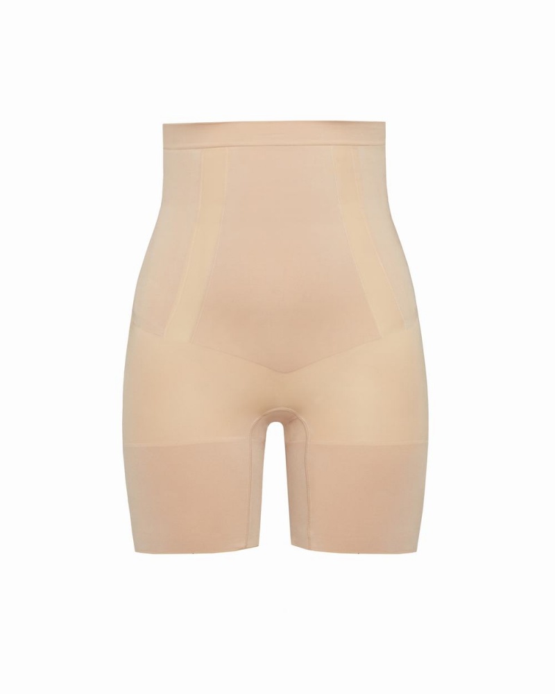 Spanx OnCore High-Waisted Mid-Thigh Shorts Beige | 20439-TUJZ