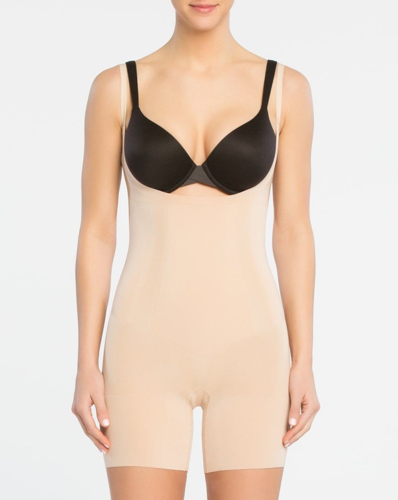 Spanx OnCore Open-Bust Mid-Thigh Bodysuits Beige | 68547-NCUP