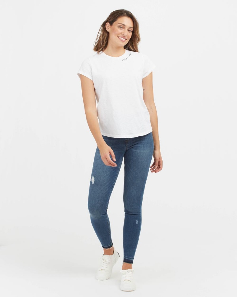 Spanx Pima Cotton Embroidered Graphic T-Shirts White | 73546-CTLM