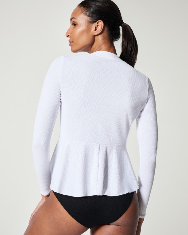 Spanx Pique Long Sleeve Swim Shirt Swimwear White | 47610-DYBZ