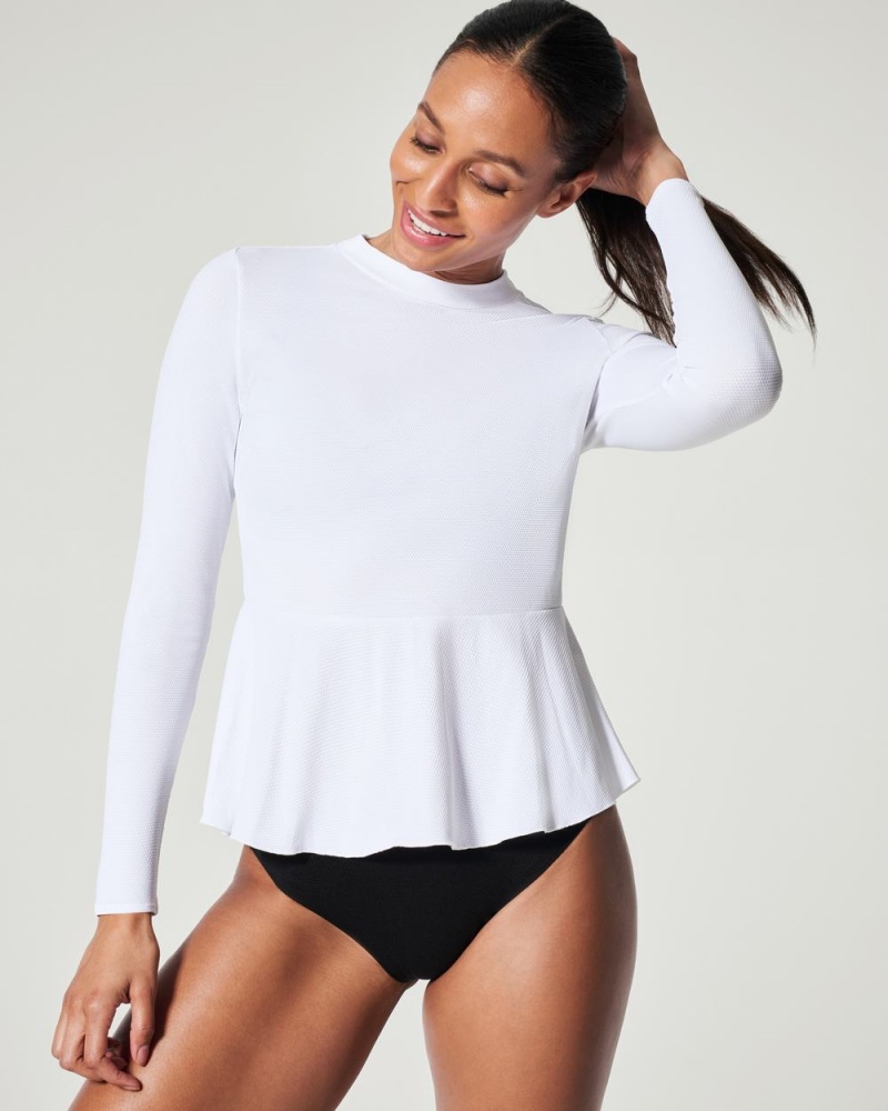 Spanx Pique Long Sleeve Swim Shirt Swimwear White | 47610-DYBZ