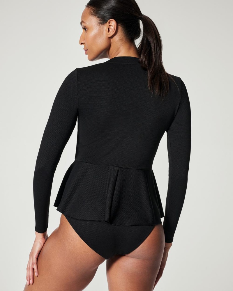 Spanx Pique Long Sleeve Swim Shirt Swimwear Black | 59703-PAXT